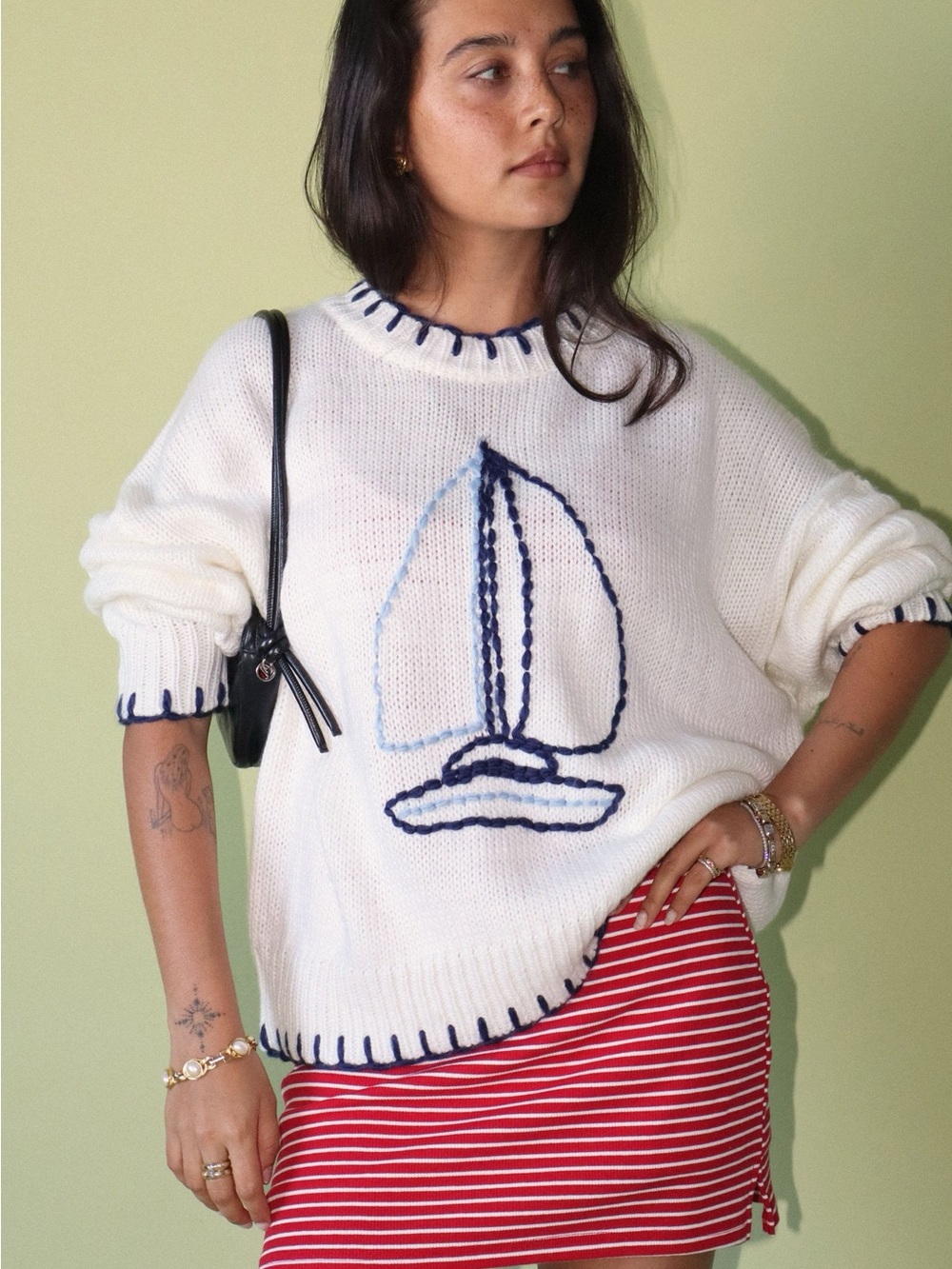 ⛵️Bailey Rose White Sailboat Stitching Sweater S